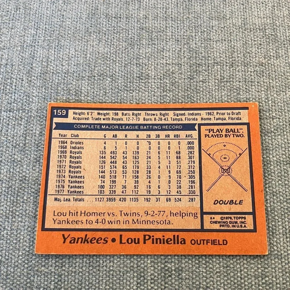 1978 Topps New York Yankees Baseball Card Trading Card